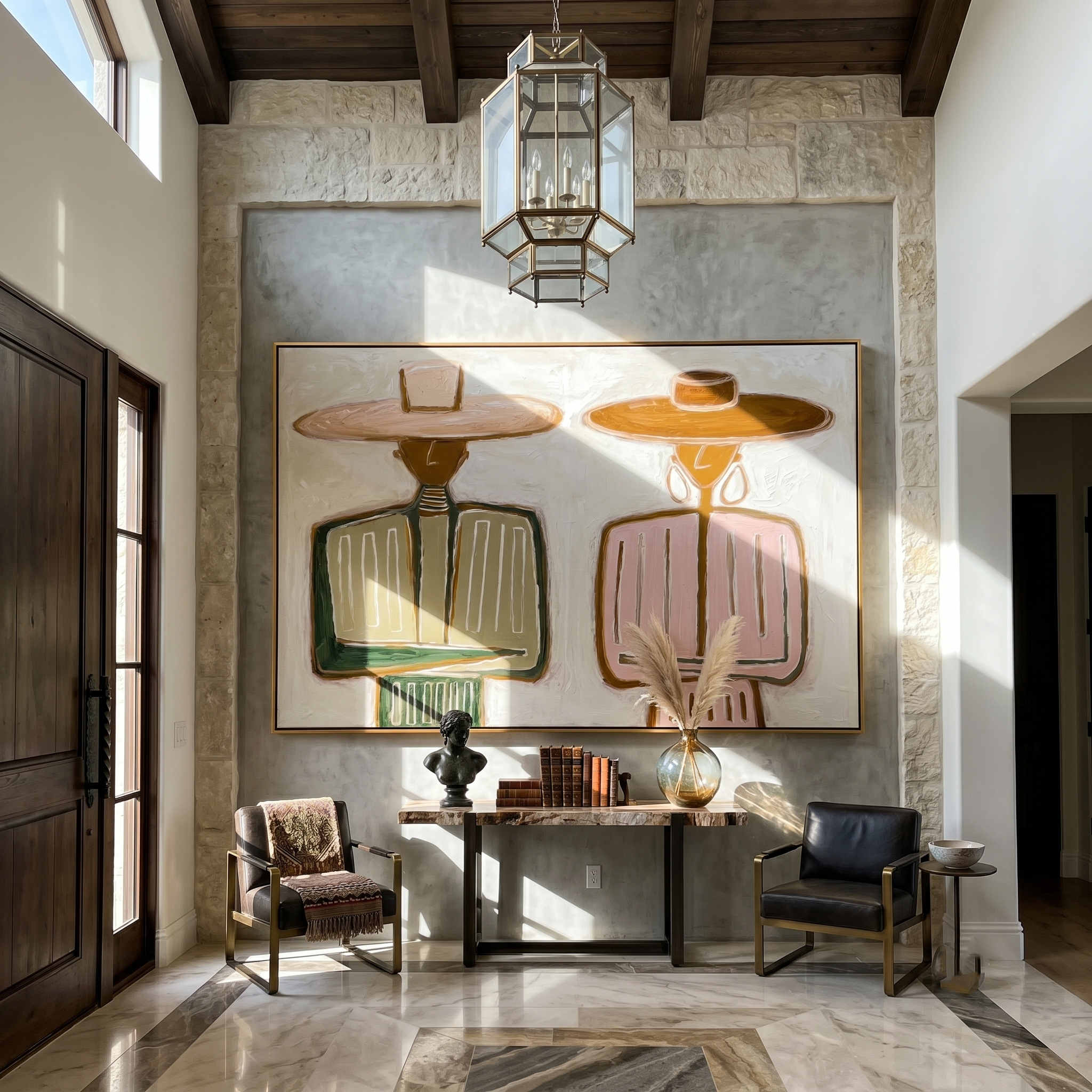 Pink Stands Beside Olive — Olive Pink Western Pair Painting | Modern Figurative Horizontal Wall Art – brown and white modern figurative vintage americana art, horizontal hand-painted canvas art – view 5