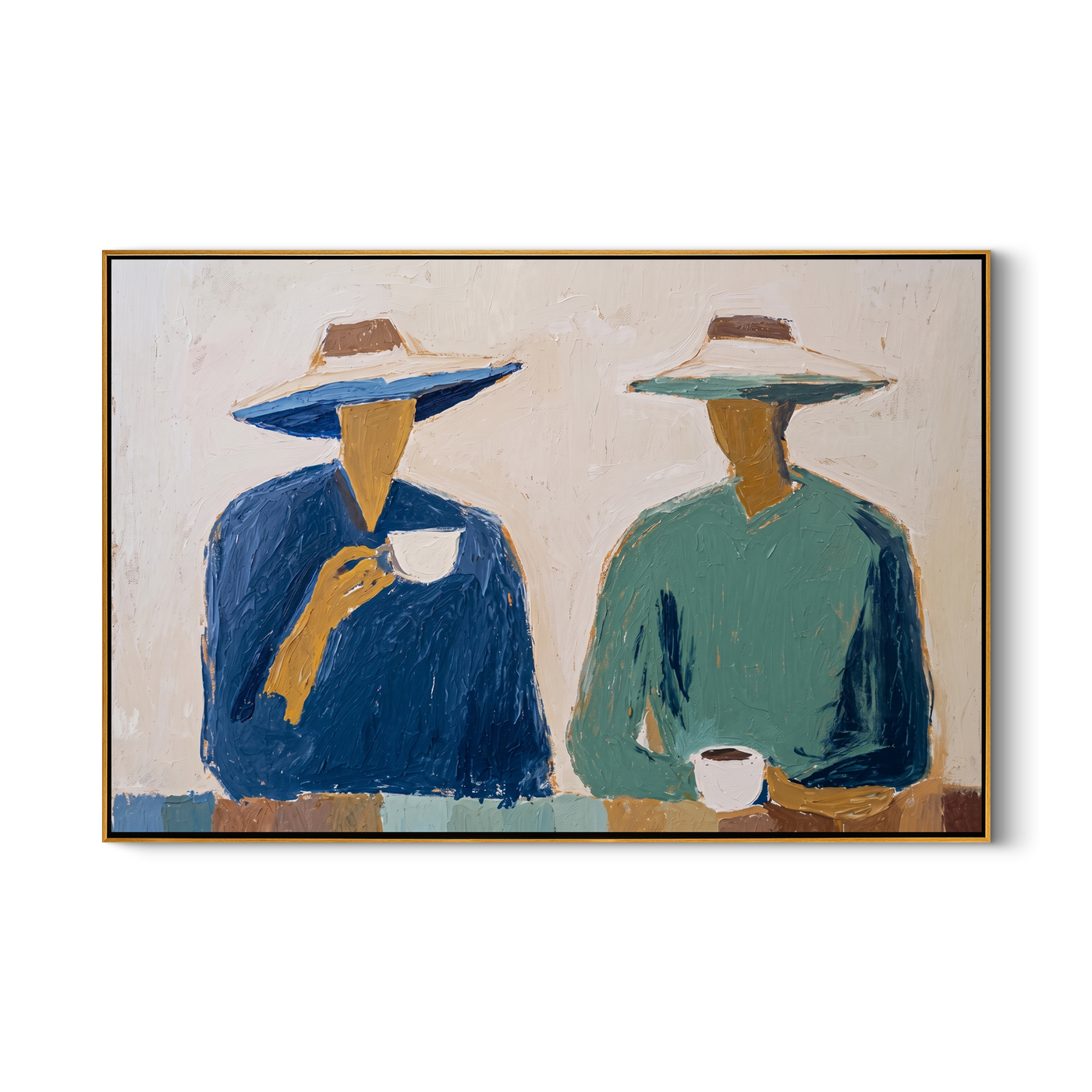 Blue Cup Green Silence — Cowboy Coffee Pair Painting | Modern Figurative Horizontal Wall Art – white and blue and gray modern figurative vintage americana art, horizontal hand-painted canvas art – view 1