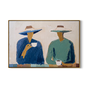 Blue Cup Green Silence — Cowboy Coffee Pair Painting | Modern Figurative Horizontal Wall Art – white and blue and gray modern figurative vintage americana art, horizontal hand-painted canvas art – view 1
