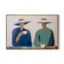 Blue Cup Green Silence — Cowboy Coffee Pair Painting | Modern Figurative Horizontal Wall Art – white and blue and gray modern figurative vintage americana art, horizontal hand-painted canvas art – view 1