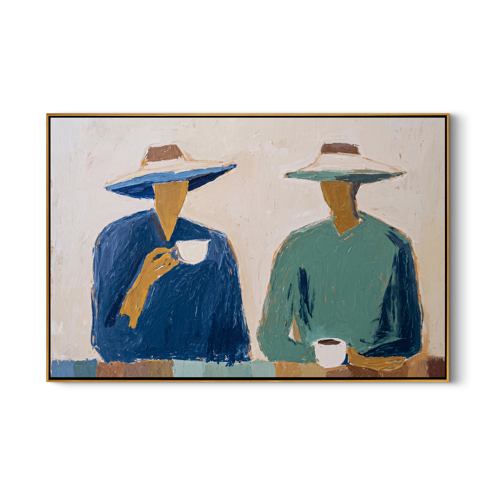 Blue Cup Green Silence — Cowboy Coffee Pair Painting | Modern Figurative Horizontal Wall Art – white and blue and gray modern figurative vintage americana art, horizontal hand-painted canvas art – view 1