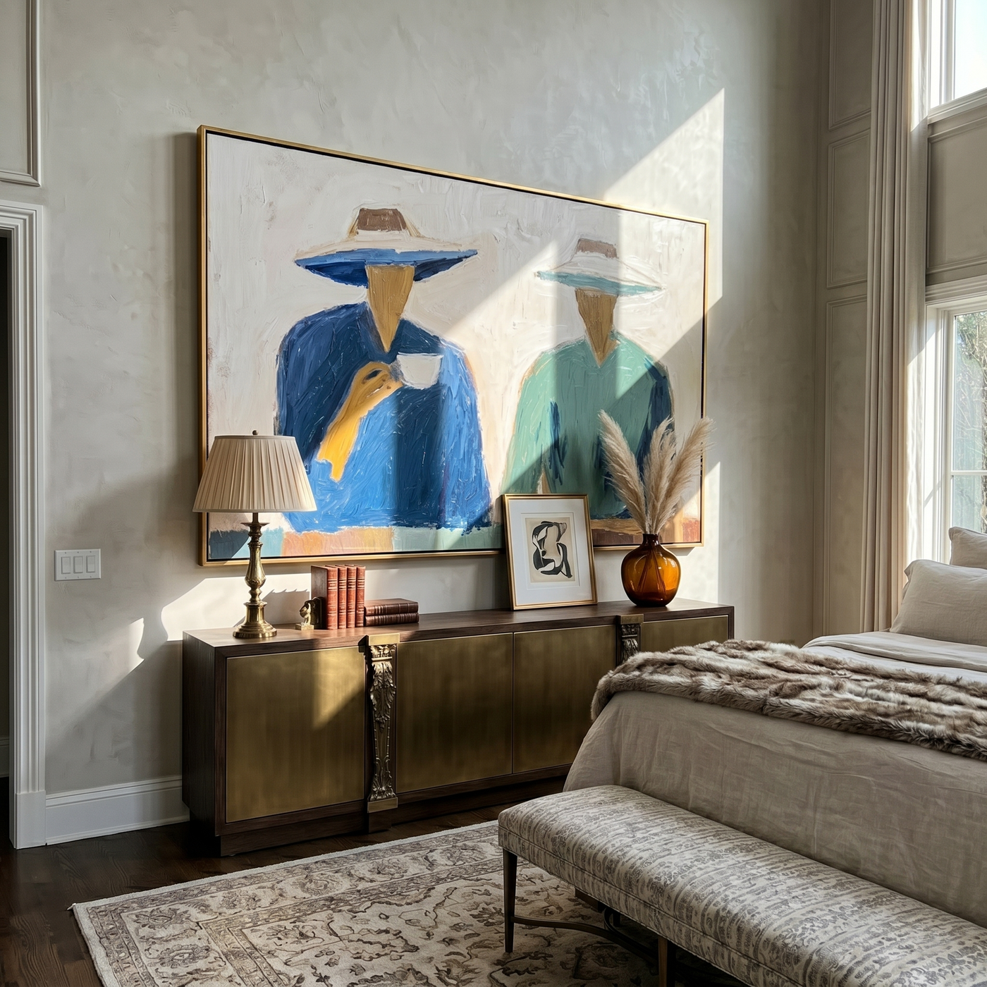 Blue Cup Green Silence — Cowboy Coffee Pair Painting | Modern Figurative Horizontal Wall Art – white and blue and gray modern figurative vintage americana art, horizontal hand-painted canvas art – view 2