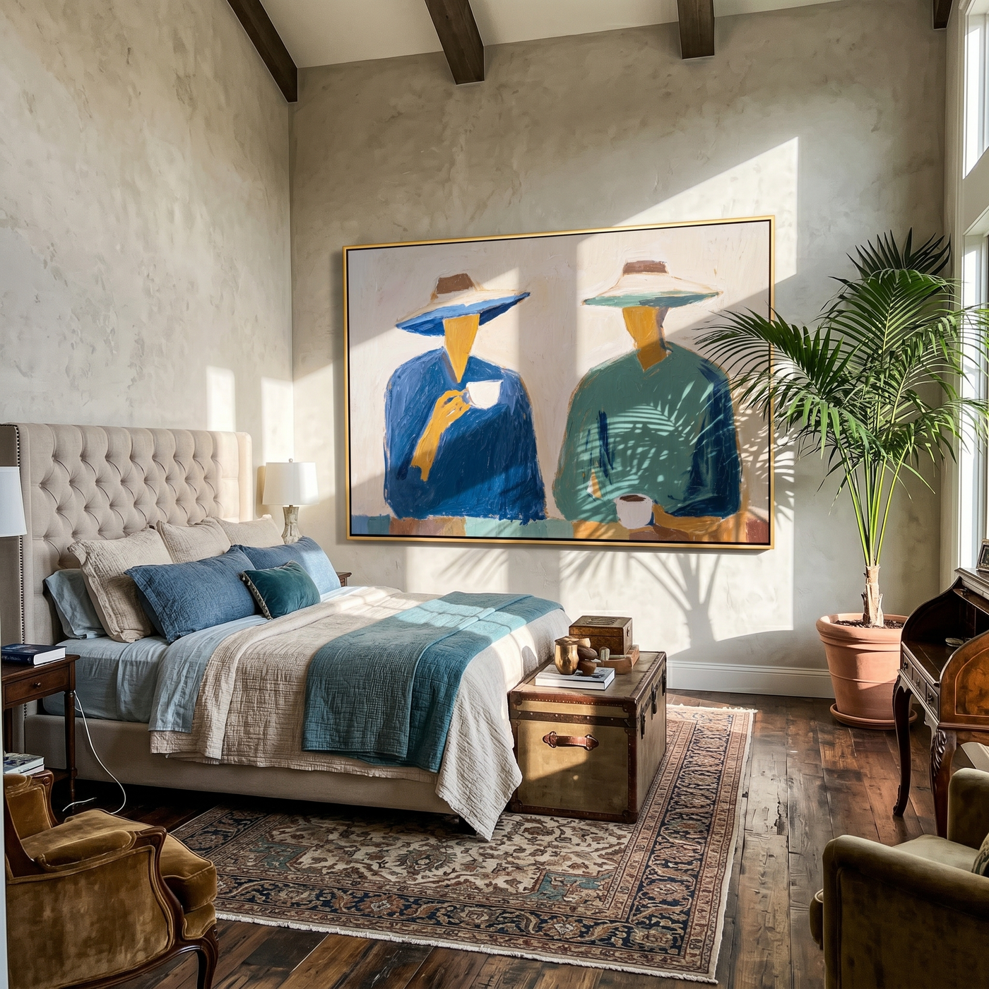 Blue Cup Green Silence — Cowboy Coffee Pair Painting | Modern Figurative Horizontal Wall Art – white and blue and gray modern figurative vintage americana art, horizontal hand-painted canvas art – view 3