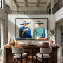 Blue Cup Green Silence — Cowboy Coffee Pair Painting | Modern Figurative Horizontal Wall Art – white and blue and gray modern figurative vintage americana art, horizontal hand-painted canvas art – view 6