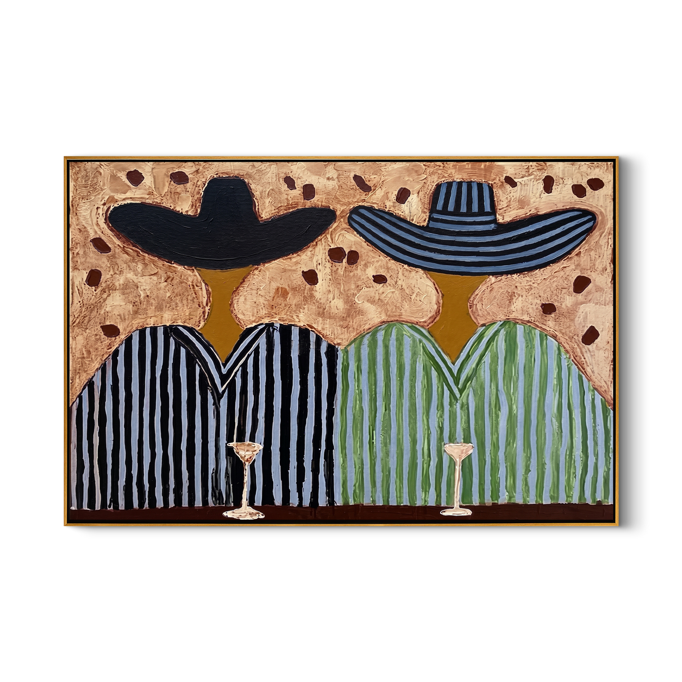 Stripes Toast Under Brims — Striped Cocktail Pair Painting | Modern Figurative Horizontal Wall Art – brown and black modern figurative vintage americana art, horizontal hand-painted canvas art – view 1