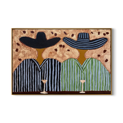 Stripes Toast Under Brims — Striped Cocktail Pair Painting | Modern Figurative Horizontal Wall Art – brown and black modern figurative vintage americana art, horizontal hand-painted canvas art – view 1