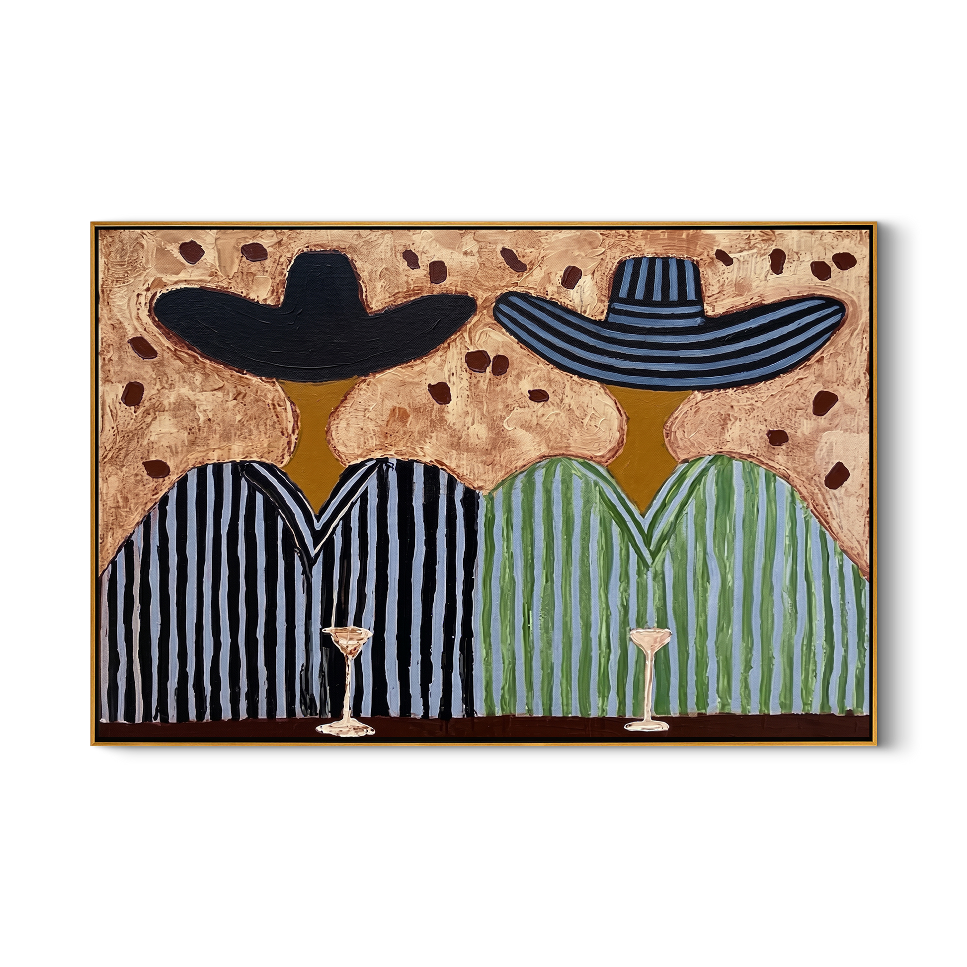 Stripes Toast Under Brims — Striped Cocktail Pair Painting | Modern Figurative Horizontal Wall Art – brown and black modern figurative vintage americana art, horizontal hand-painted canvas art – view 1