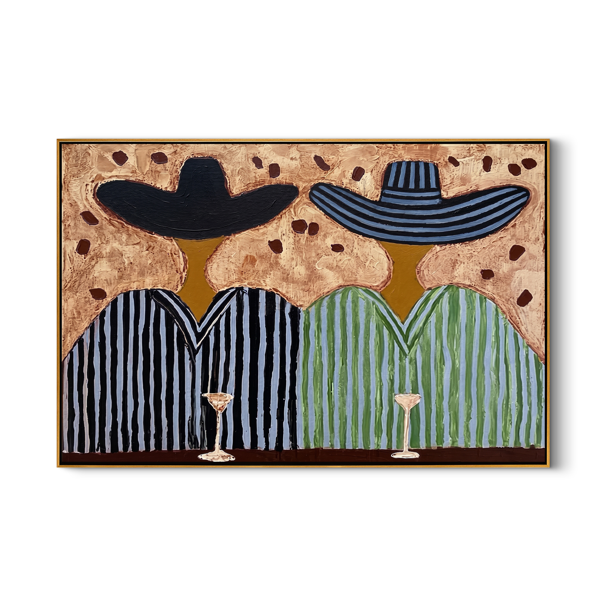 Stripes Toast Under Brims — Striped Cocktail Pair Painting | Modern Figurative Horizontal Wall Art – brown and black modern figurative vintage americana art, horizontal hand-painted canvas art – view 1