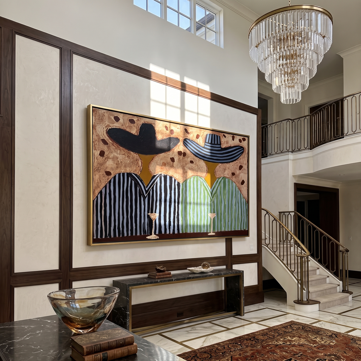 Stripes Toast Under Brims — Striped Cocktail Pair Painting | Modern Figurative Horizontal Wall Art – brown and black modern figurative vintage americana art, horizontal hand-painted canvas art – view 2