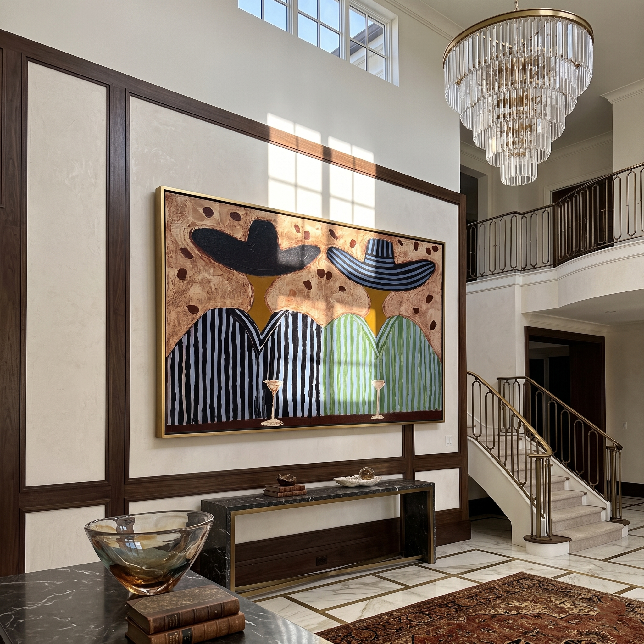 Stripes Toast Under Brims — Striped Cocktail Pair Painting | Modern Figurative Horizontal Wall Art – brown and black modern figurative vintage americana art, horizontal hand-painted canvas art – view 2