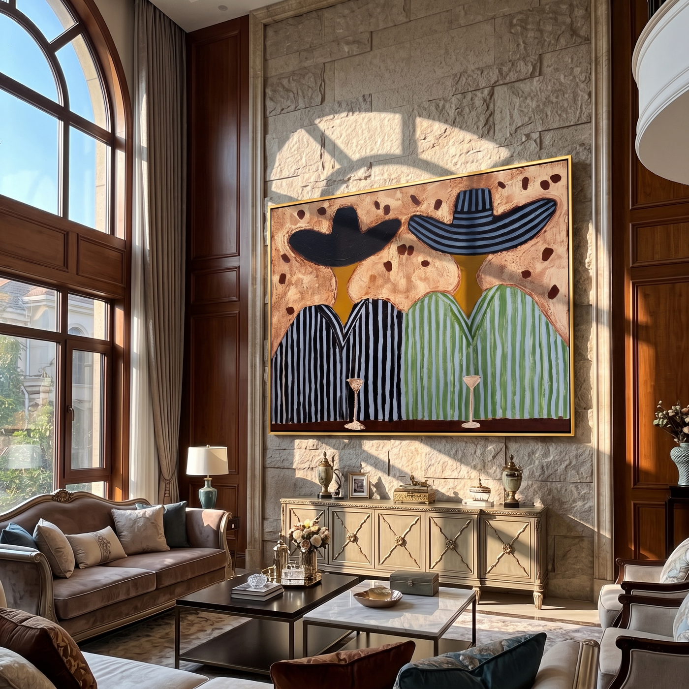 Stripes Toast Under Brims — Striped Cocktail Pair Painting | Modern Figurative Horizontal Wall Art – brown and black modern figurative vintage americana art, horizontal hand-painted canvas art – view 3