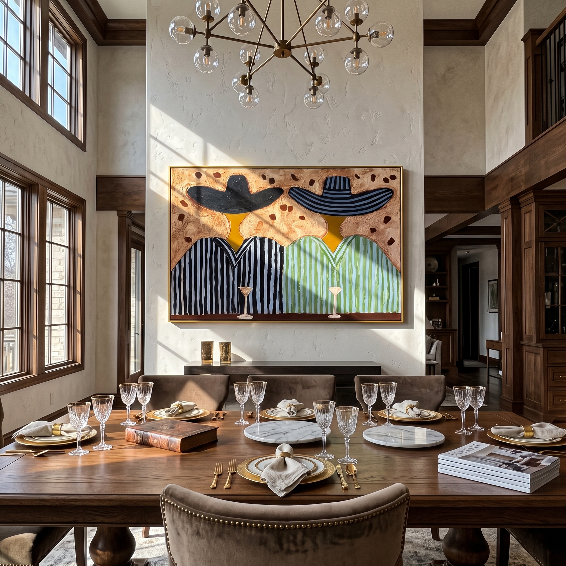 Stripes Toast Under Brims — Striped Cocktail Pair Painting | Modern Figurative Horizontal Wall Art – brown and black modern figurative vintage americana art, horizontal hand-painted canvas art – view 5