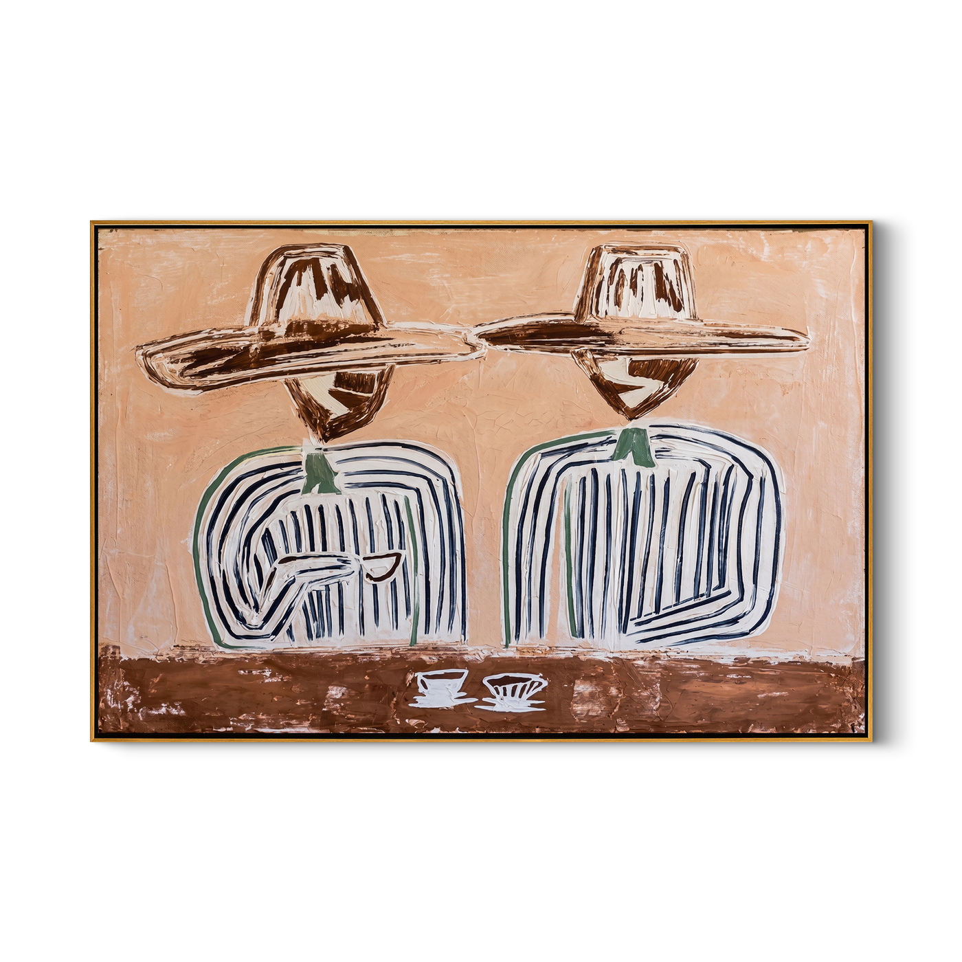 Coffee Waits Beneath Twins — Twin-Hat Coffee Pair Painting | Modern Figurative Horizontal Wall Art – brown and gray modern figurative vintage americana art, horizontal hand-painted canvas art – view 1