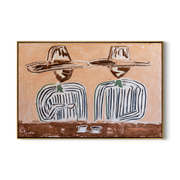 Coffee Waits Beneath Twins — Twin-Hat Coffee Pair Painting | Modern Figurative Horizontal Wall Art – brown and gray modern figurative vintage americana art, horizontal hand-painted canvas art – view 1
