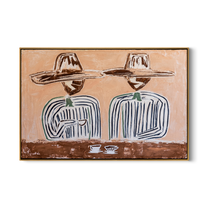 Coffee Waits Beneath Twins — Twin-Hat Coffee Pair Painting | Modern Figurative Horizontal Wall Art – brown and gray modern figurative vintage americana art, horizontal hand-painted canvas art – view 1