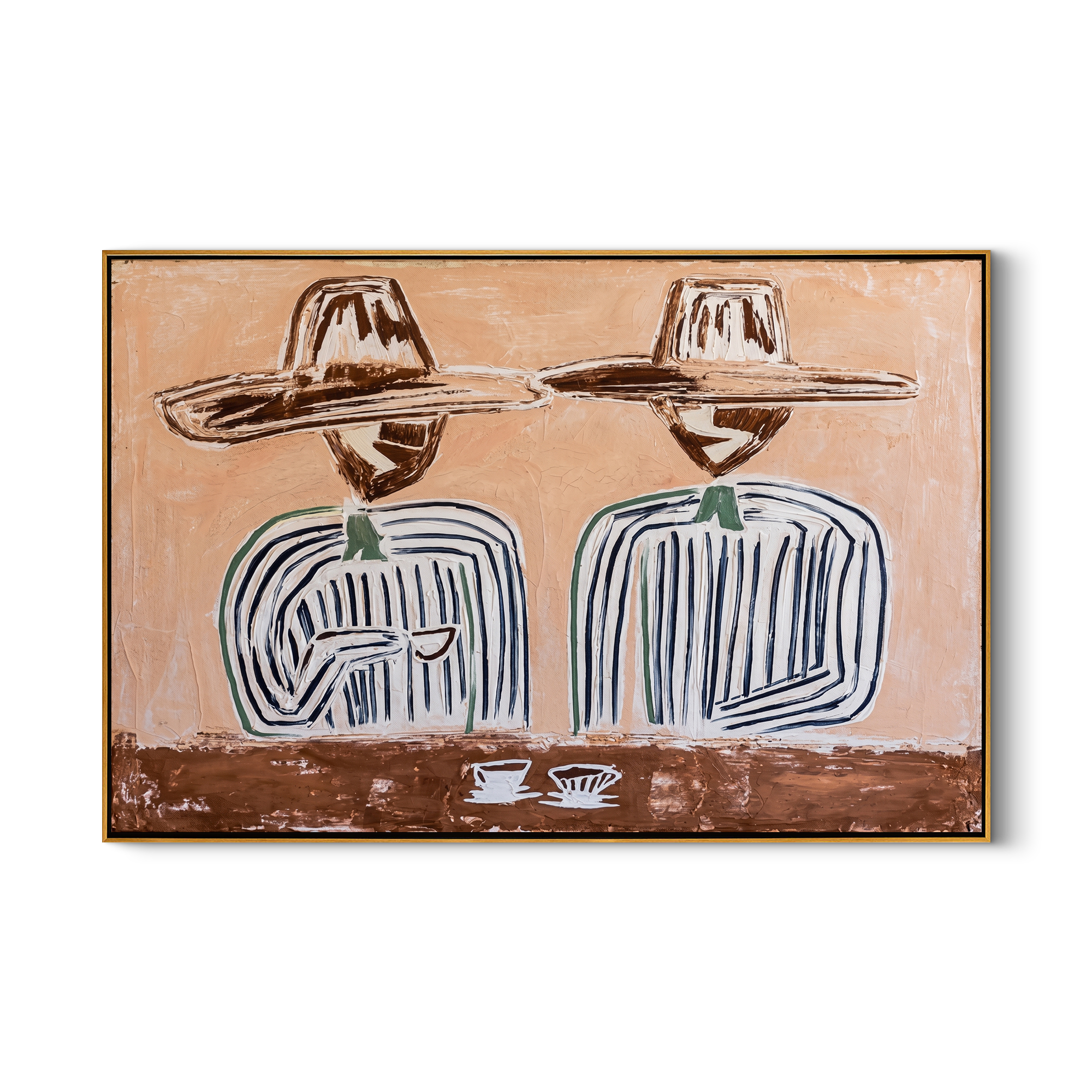 Coffee Waits Beneath Twins — Twin-Hat Coffee Pair Painting | Modern Figurative Horizontal Wall Art – brown and gray modern figurative vintage americana art, horizontal hand-painted canvas art – view 1