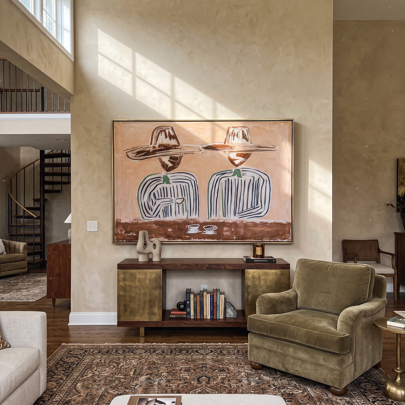Coffee Waits Beneath Twins — Twin-Hat Coffee Pair Painting | Modern Figurative Horizontal Wall Art – brown and gray modern figurative vintage americana art, horizontal hand-painted canvas art – view 2
