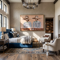 Coffee Waits Beneath Twins — Twin-Hat Coffee Pair Painting | Modern Figurative Horizontal Wall Art – brown and gray modern figurative vintage americana art, horizontal hand-painted canvas art – view 6