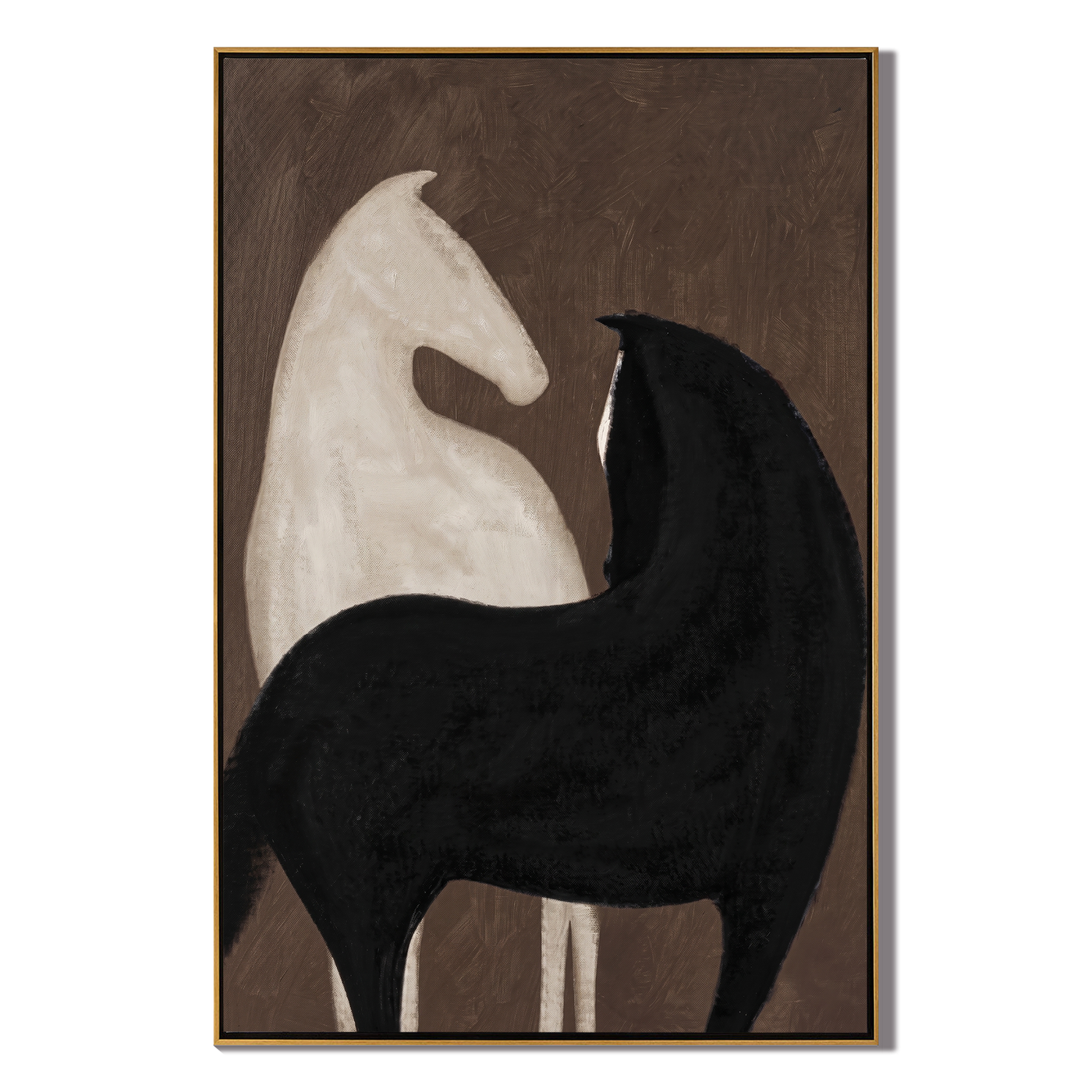 White Horse Black Shelter — brown and black modern figurative vintage americana art, set of 2 hand-painted canvas art – view 1