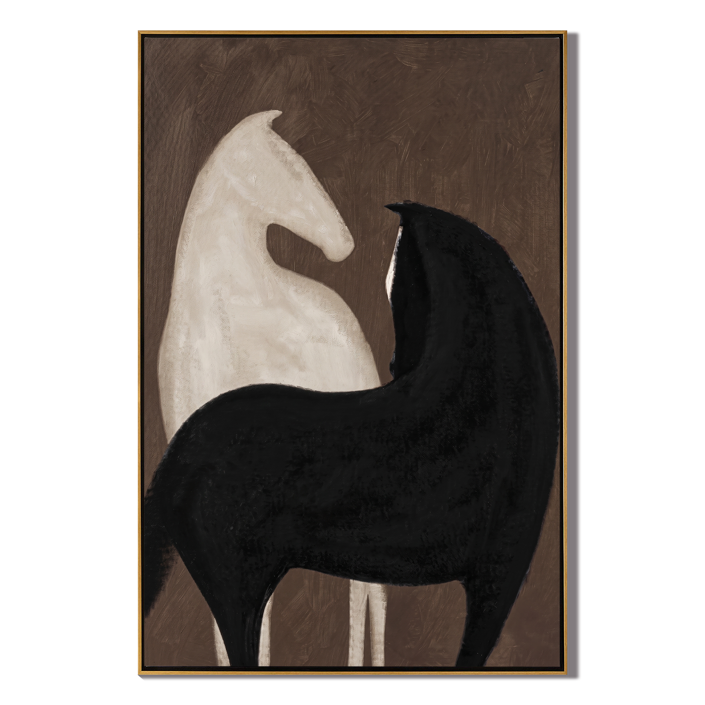 White Horse Black Shelter — brown and black modern figurative vintage americana art, set of 2 hand-painted canvas art – view 1