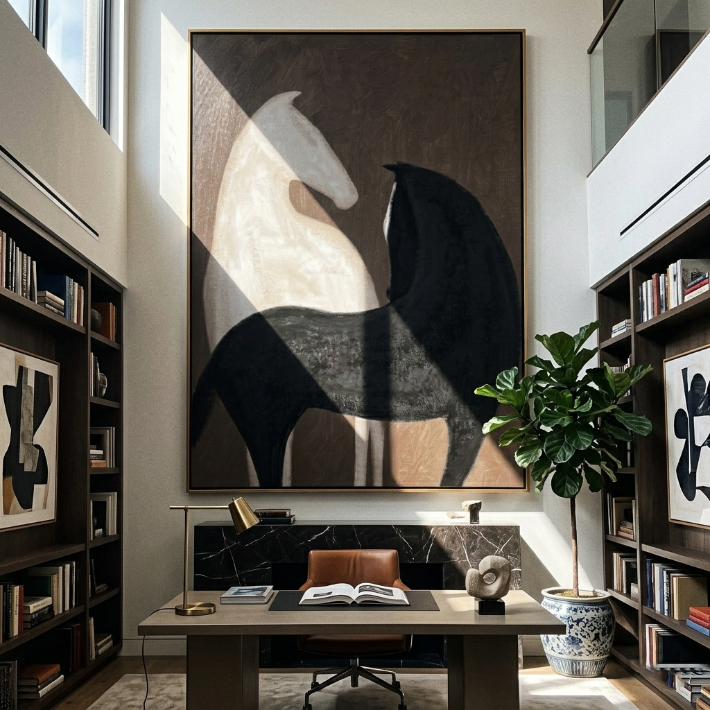 White Horse Black Shelter — brown and black modern figurative vintage americana art, set of 2 hand-painted canvas art – view 2