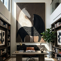 White Horse Black Shelter — brown and black modern figurative vintage americana art, set of 2 hand-painted canvas art – view 2