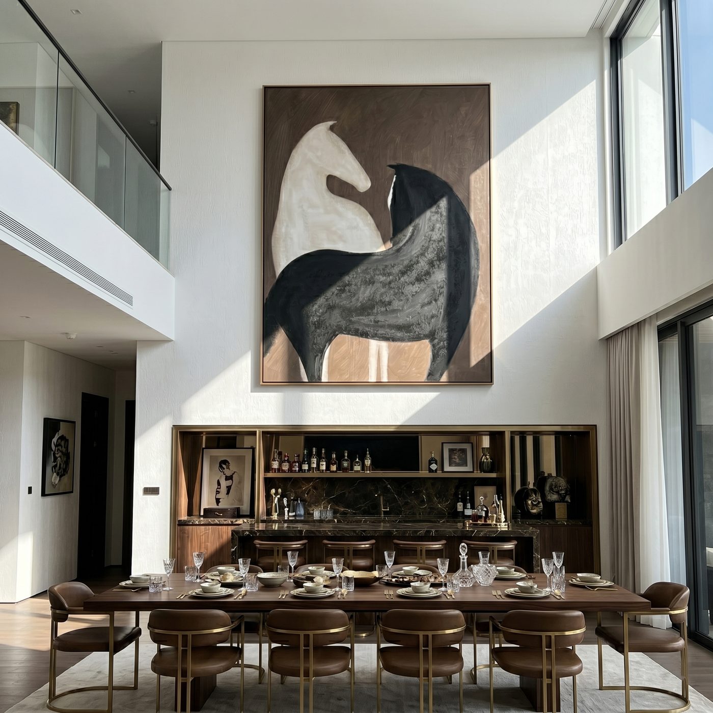 White Horse Black Shelter — brown and black modern figurative vintage americana art, set of 2 hand-painted canvas art – view 3