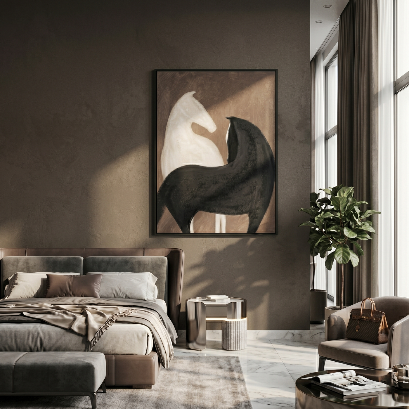White Horse Black Shelter — brown and black modern figurative vintage americana art, set of 2 hand-painted canvas art – view 4