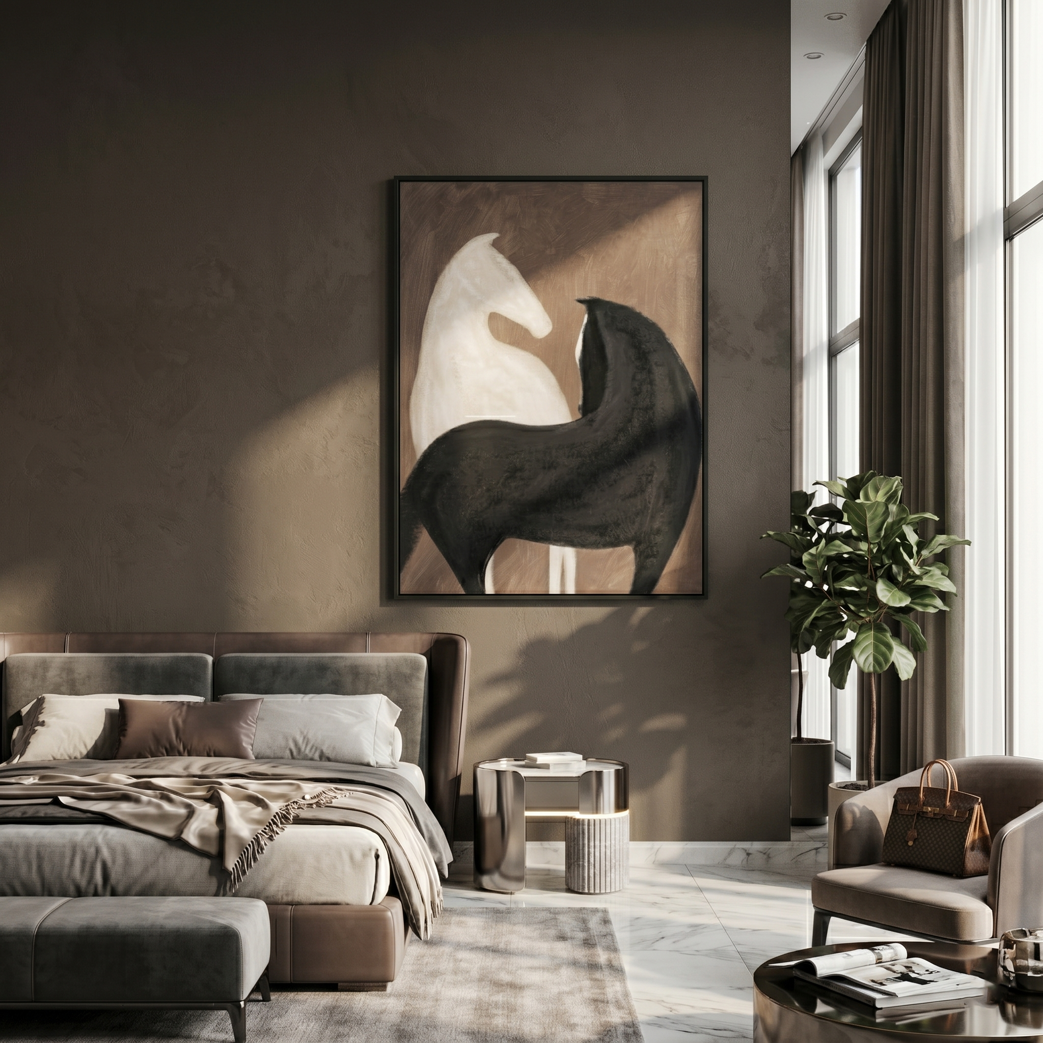 White Horse Black Shelter — brown and black modern figurative vintage americana art, set of 2 hand-painted canvas art – view 4