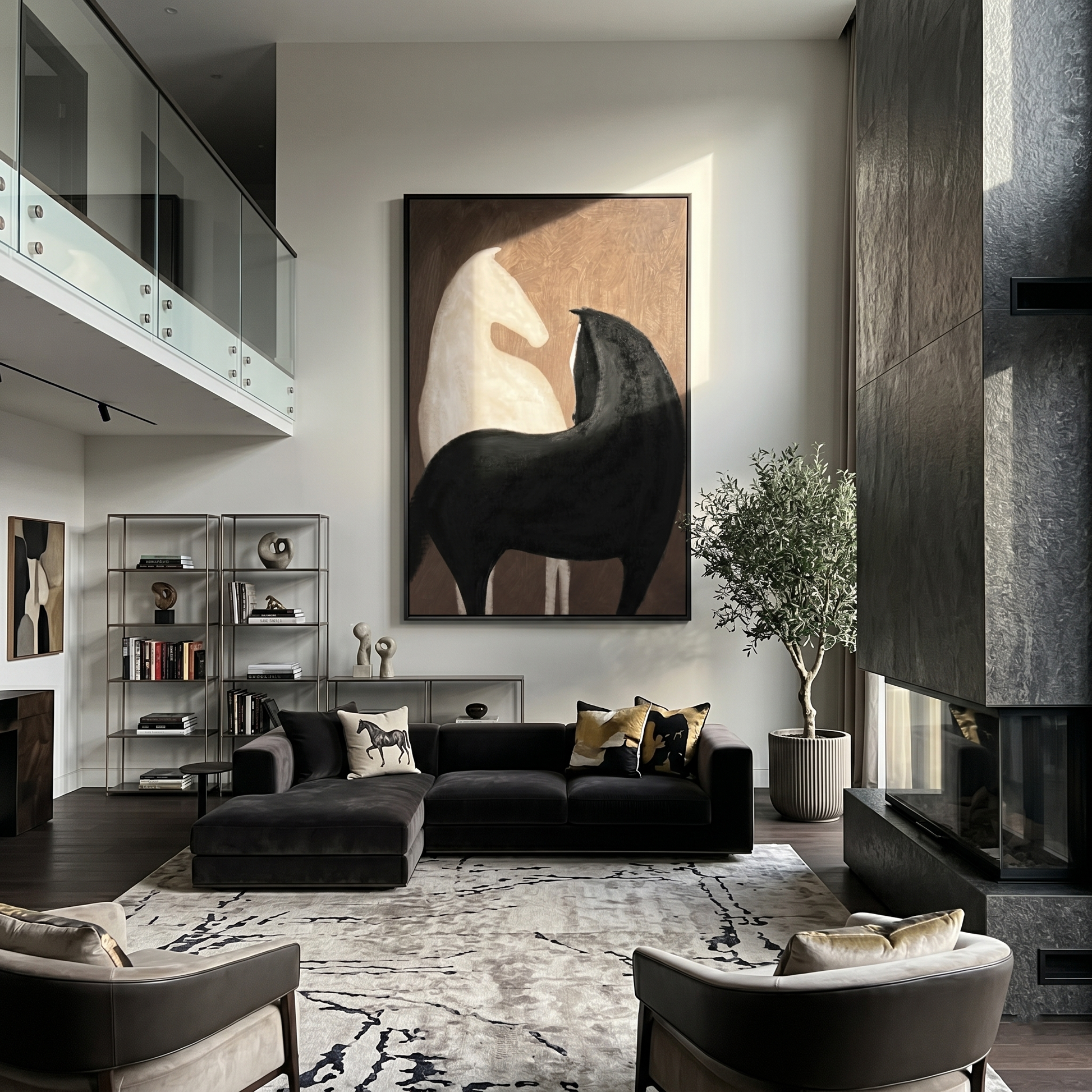 White Horse Black Shelter — brown and black modern figurative vintage americana art, set of 2 hand-painted canvas art – view 6