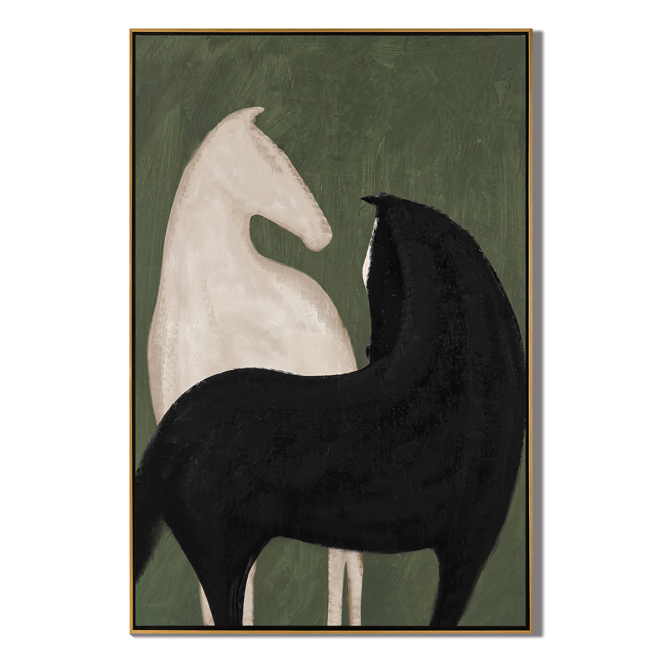 Green Silence Holds Contrast — black and green modern figurative vintage americana art, set of 2 hand-painted canvas art – view 1