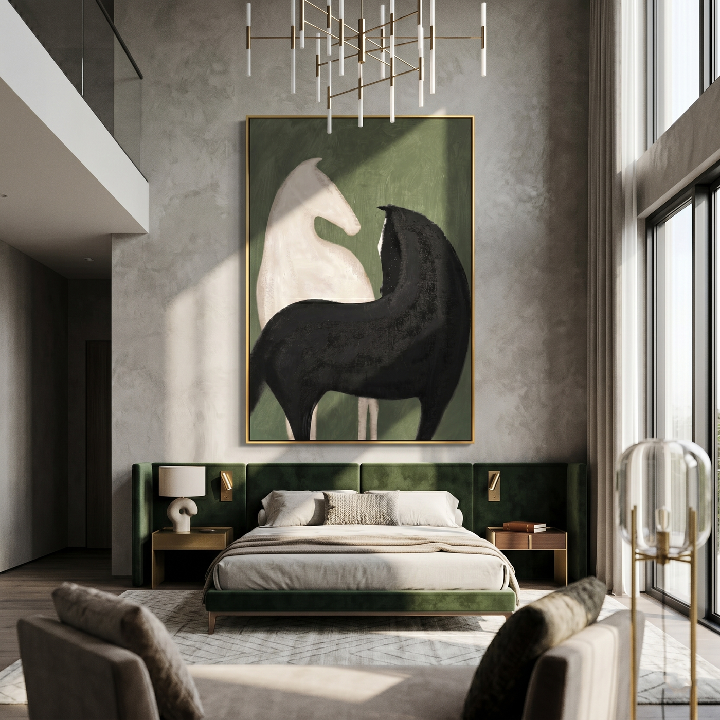 Green Silence Holds Contrast — black and green modern figurative vintage americana art, set of 2 hand-painted canvas art – view 2