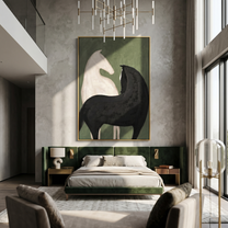 Green Silence Holds Contrast — black and green modern figurative vintage americana art, set of 2 hand-painted canvas art – view 2