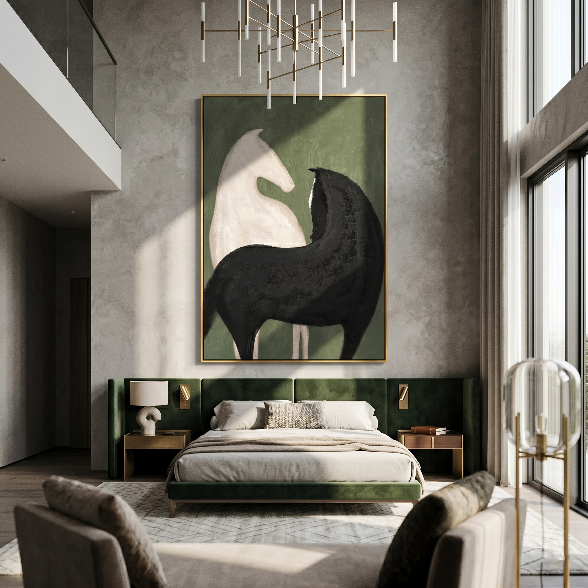 Green Silence Holds Contrast — black and green modern figurative vintage americana art, set of 2 hand-painted canvas art – view 2