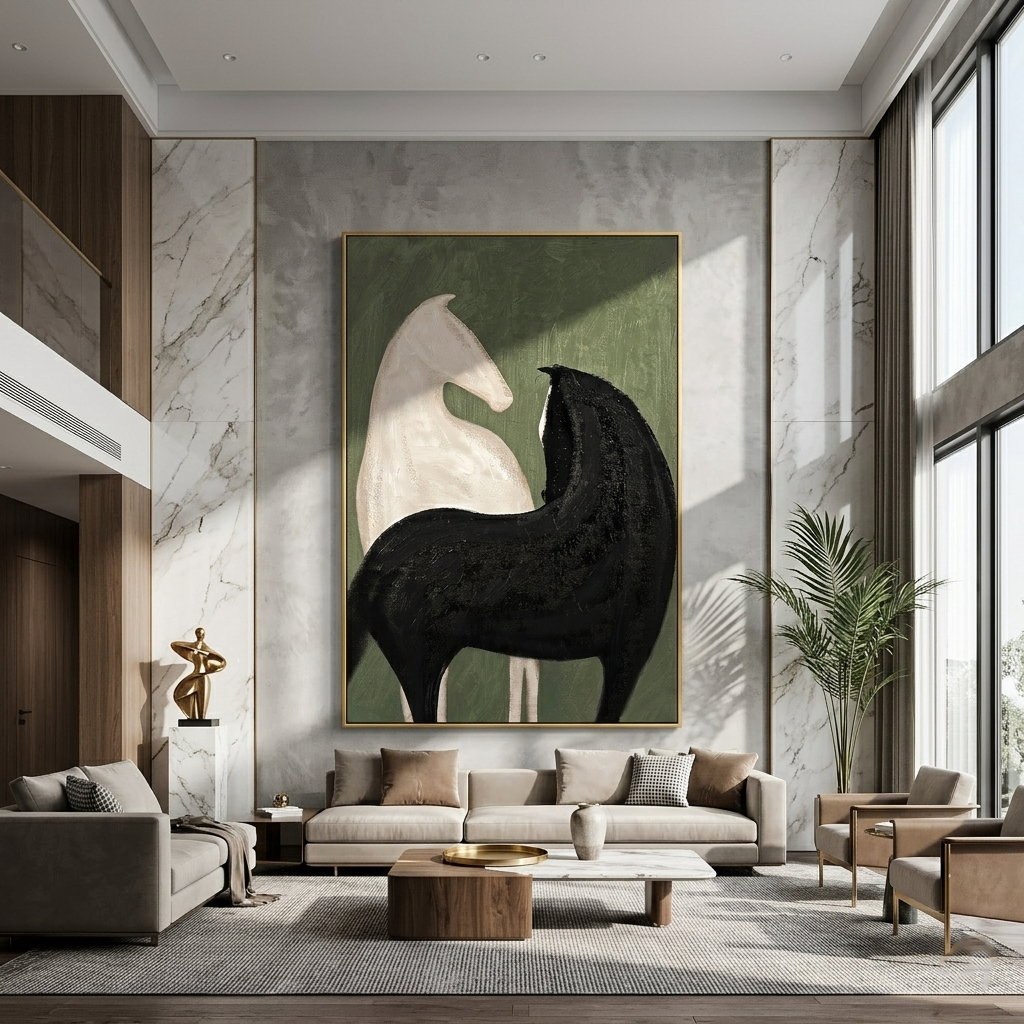 Green Silence Holds Contrast — black and green modern figurative vintage americana art, set of 2 hand-painted canvas art – view 3