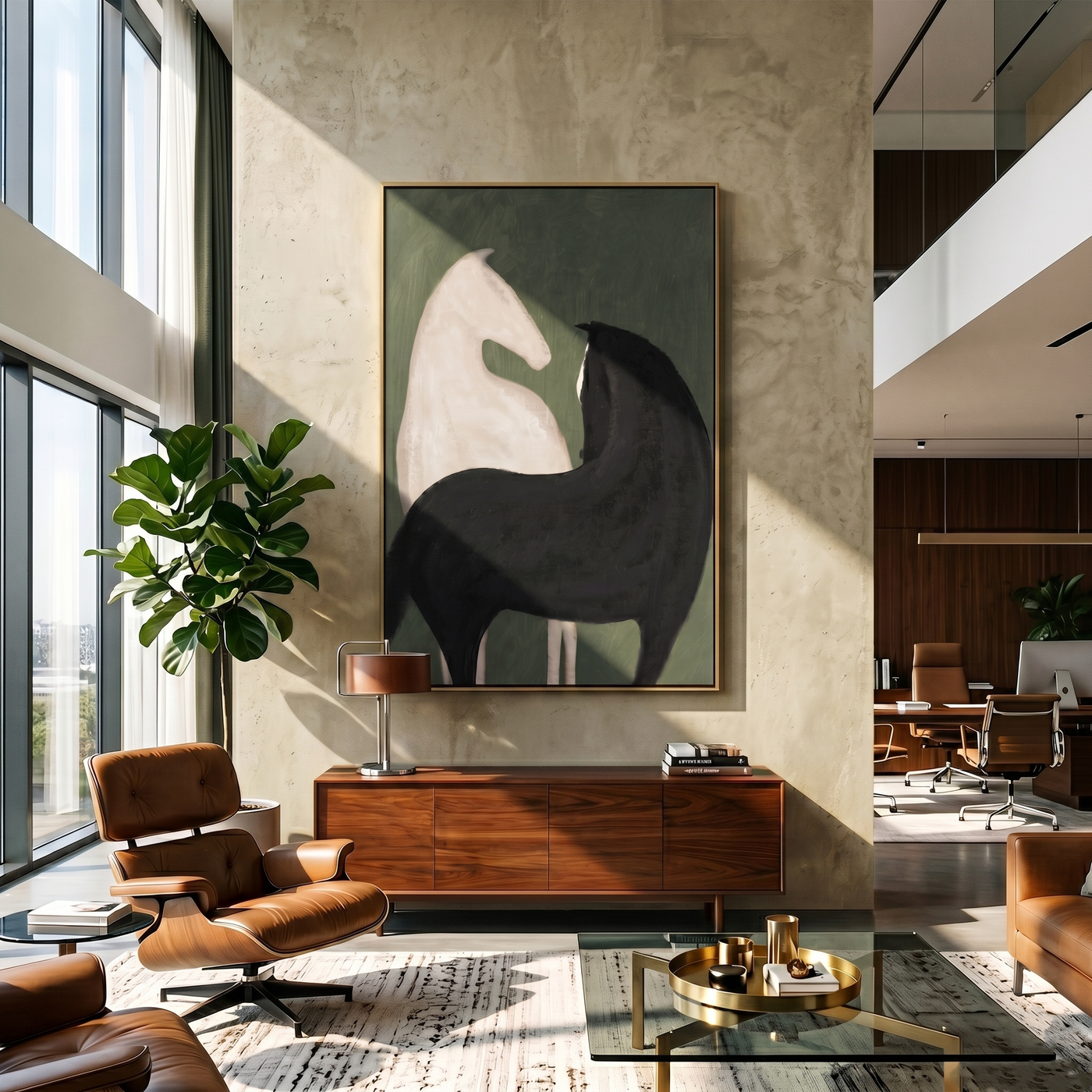 Green Silence Holds Contrast — black and green modern figurative vintage americana art, set of 2 hand-painted canvas art – view 4