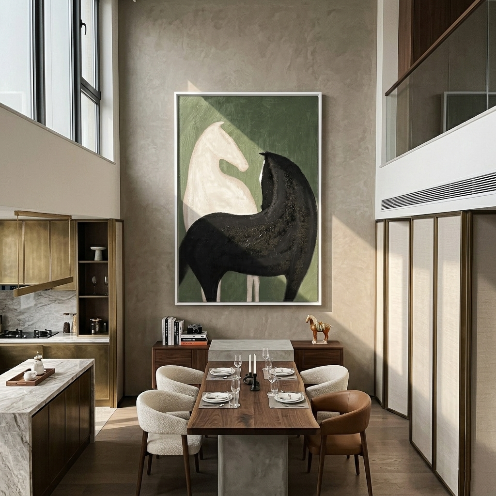 Green Silence Holds Contrast — black and green modern figurative vintage americana art, set of 2 hand-painted canvas art – view 5