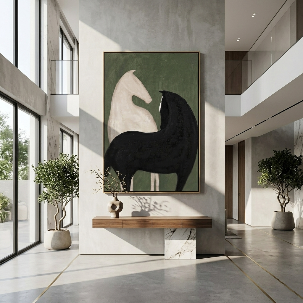 Green Silence Holds Contrast — black and green modern figurative vintage americana art, set of 2 hand-painted canvas art – view 6