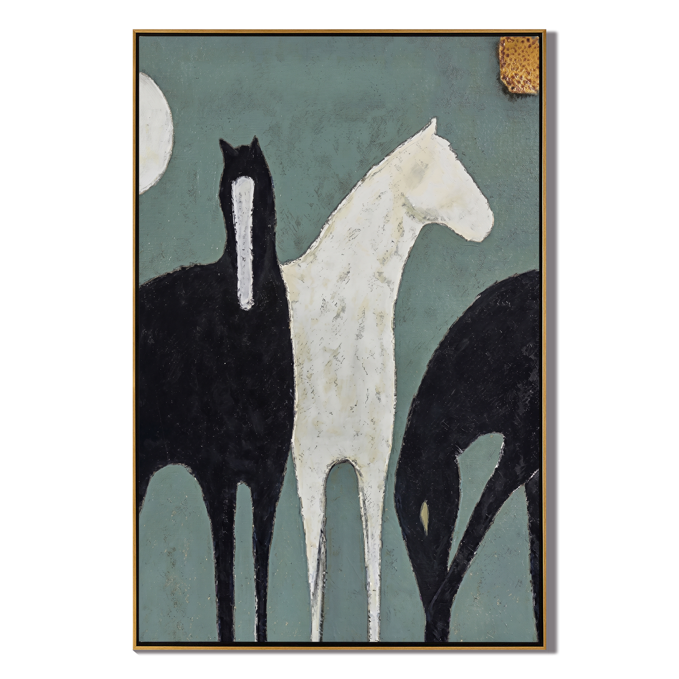 Moon Watches Three Horses — gray and black modern figurative vintage americana art, set of 2 hand-painted canvas art – view 1