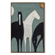 Moon Watches Three Horses — gray and black modern figurative vintage americana art, set of 2 hand-painted canvas art – view 1