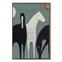 Moon Watches Three Horses — gray and black modern figurative vintage americana art, set of 2 hand-painted canvas art – view 1