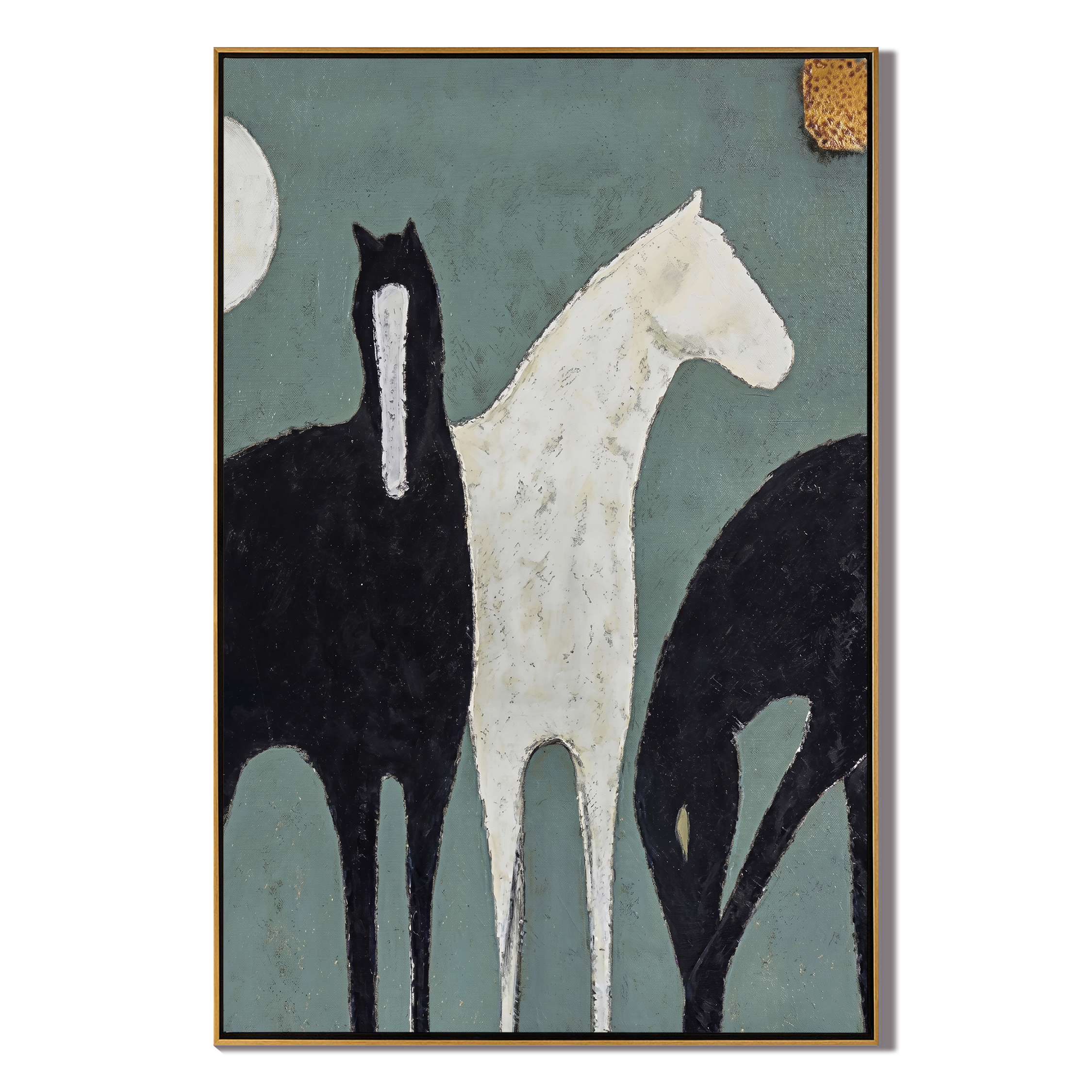 Moon Watches Three Horses — gray and black modern figurative vintage americana art, set of 2 hand-painted canvas art – view 1