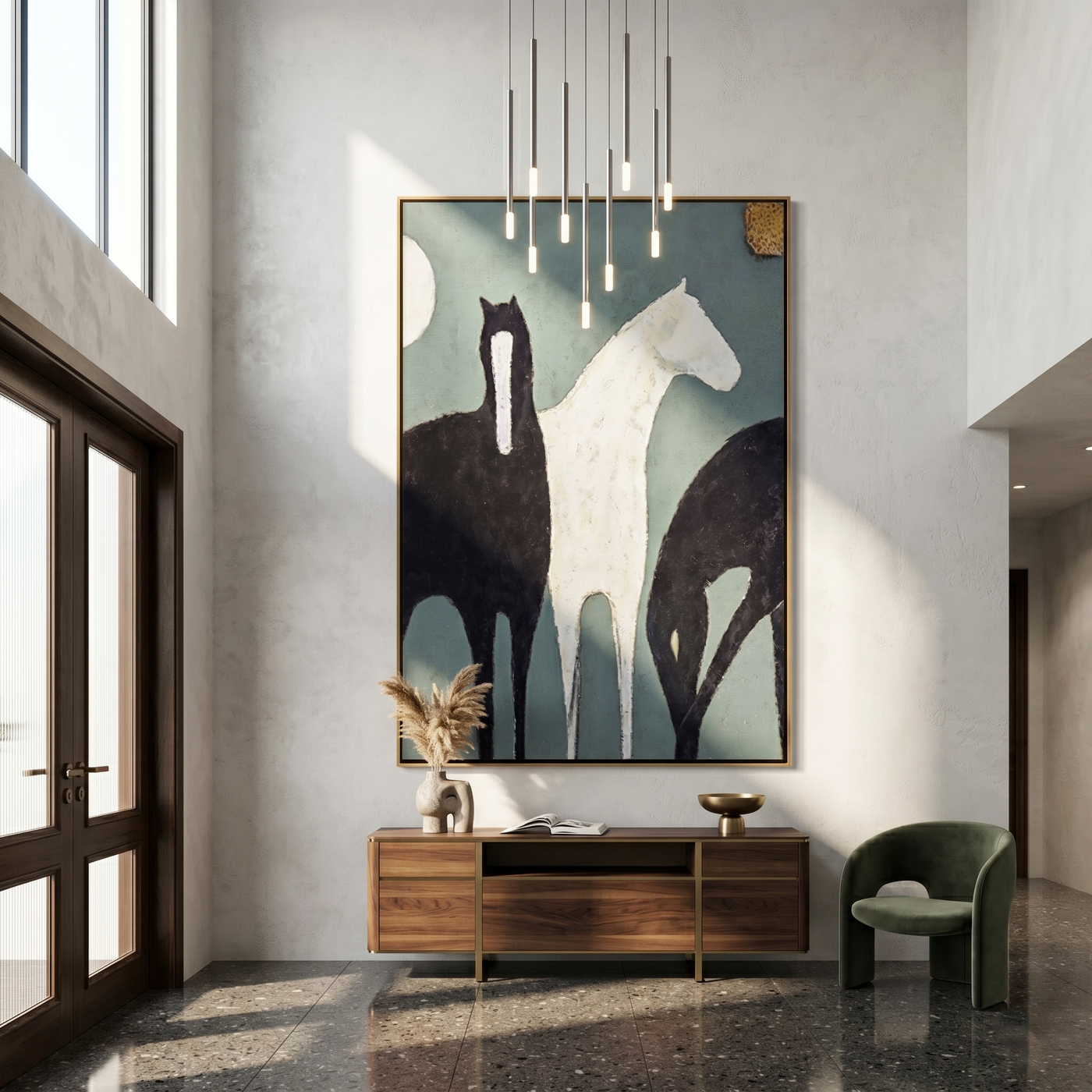 Moon Watches Three Horses — gray and black modern figurative vintage americana art, set of 2 hand-painted canvas art – view 2