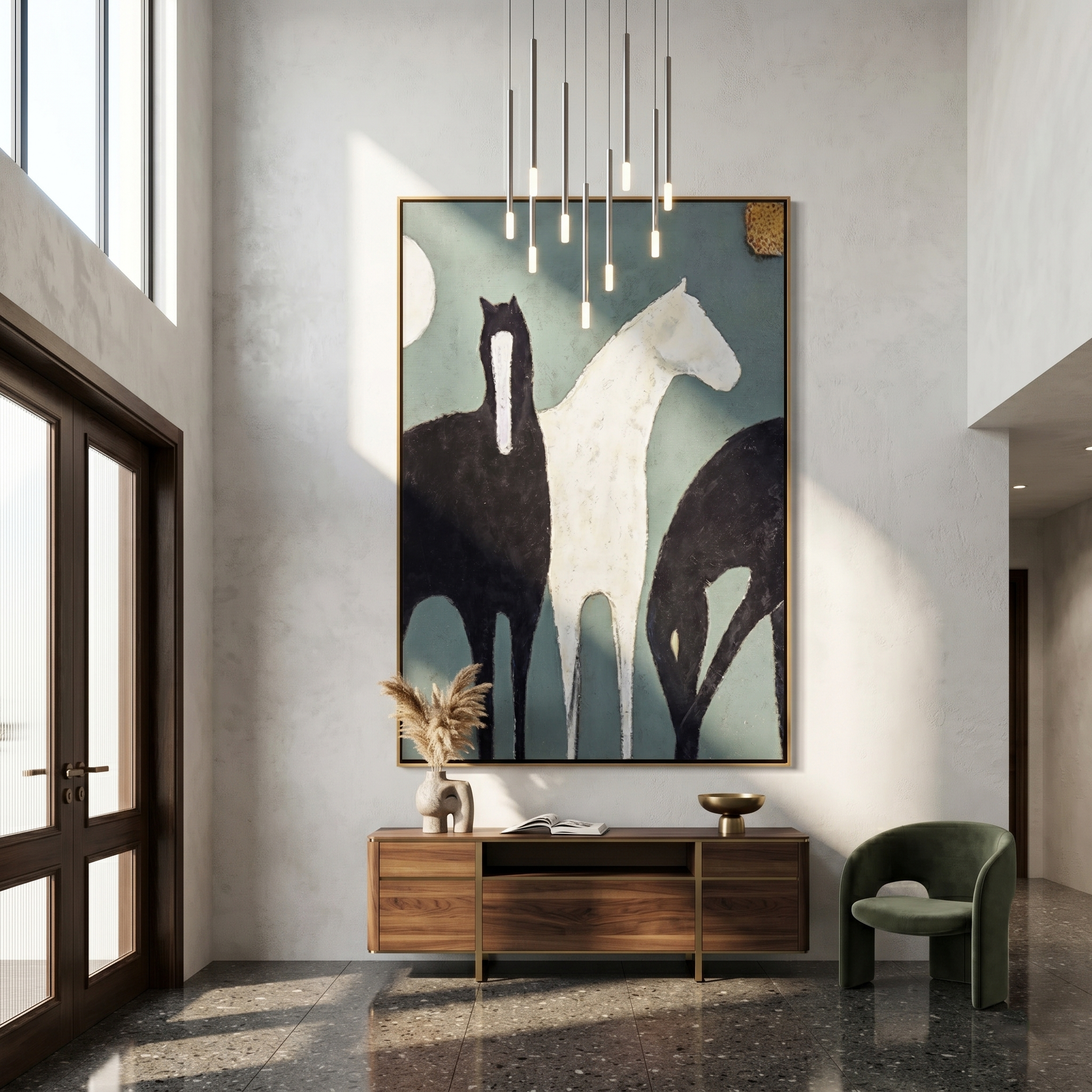 Moon Watches Three Horses — gray and black modern figurative vintage americana art, set of 2 hand-painted canvas art – view 2