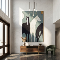 Moon Watches Three Horses — gray and black modern figurative vintage americana art, set of 2 hand-painted canvas art – view 2