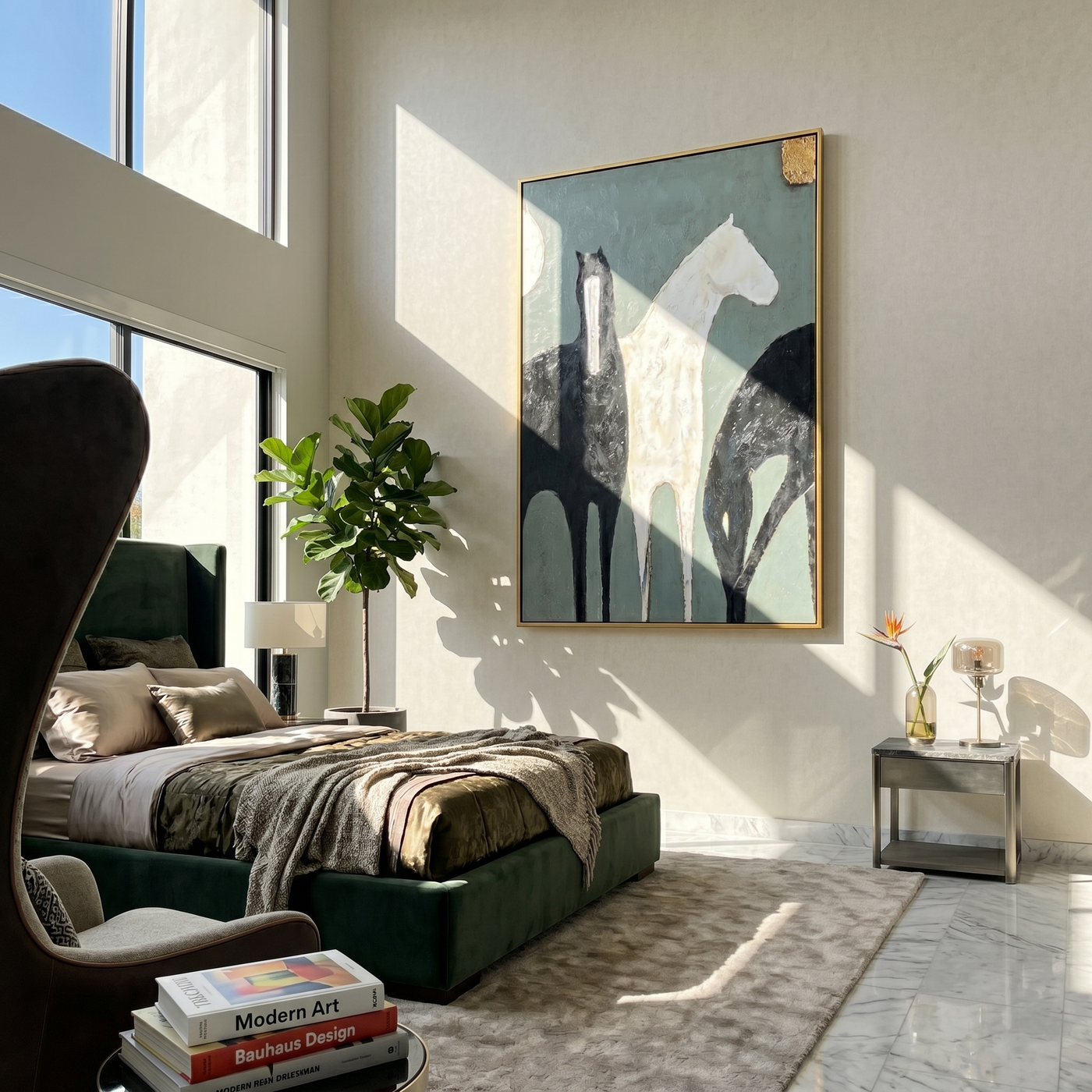 Moon Watches Three Horses — gray and black modern figurative vintage americana art, set of 2 hand-painted canvas art – view 3