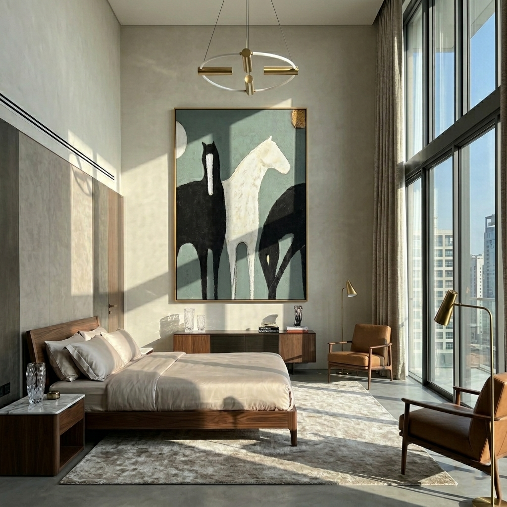 Moon Watches Three Horses — gray and black modern figurative vintage americana art, set of 2 hand-painted canvas art – view 4
