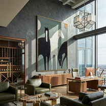 Moon Watches Three Horses — gray and black modern figurative vintage americana art, set of 2 hand-painted canvas art – view 6