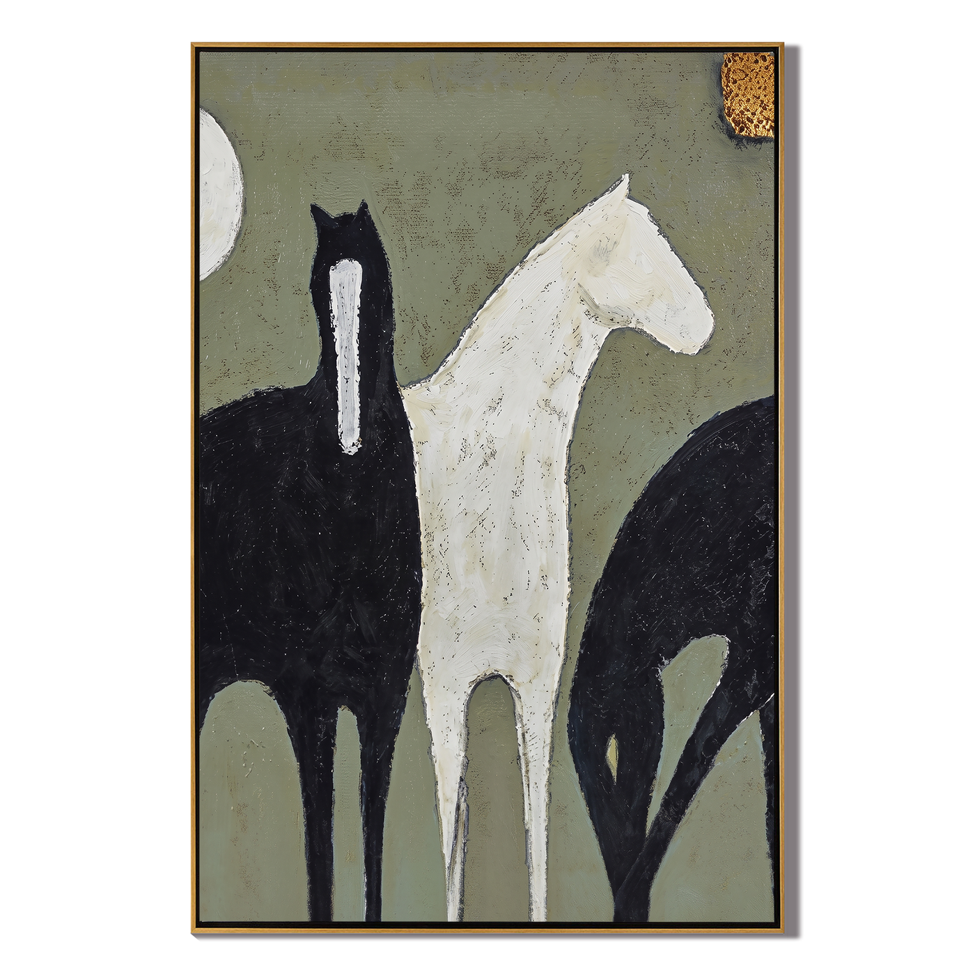 Three Horses Cross Sage — gray and black modern figurative vintage americana art, set of 2 hand-painted canvas art – view 1
