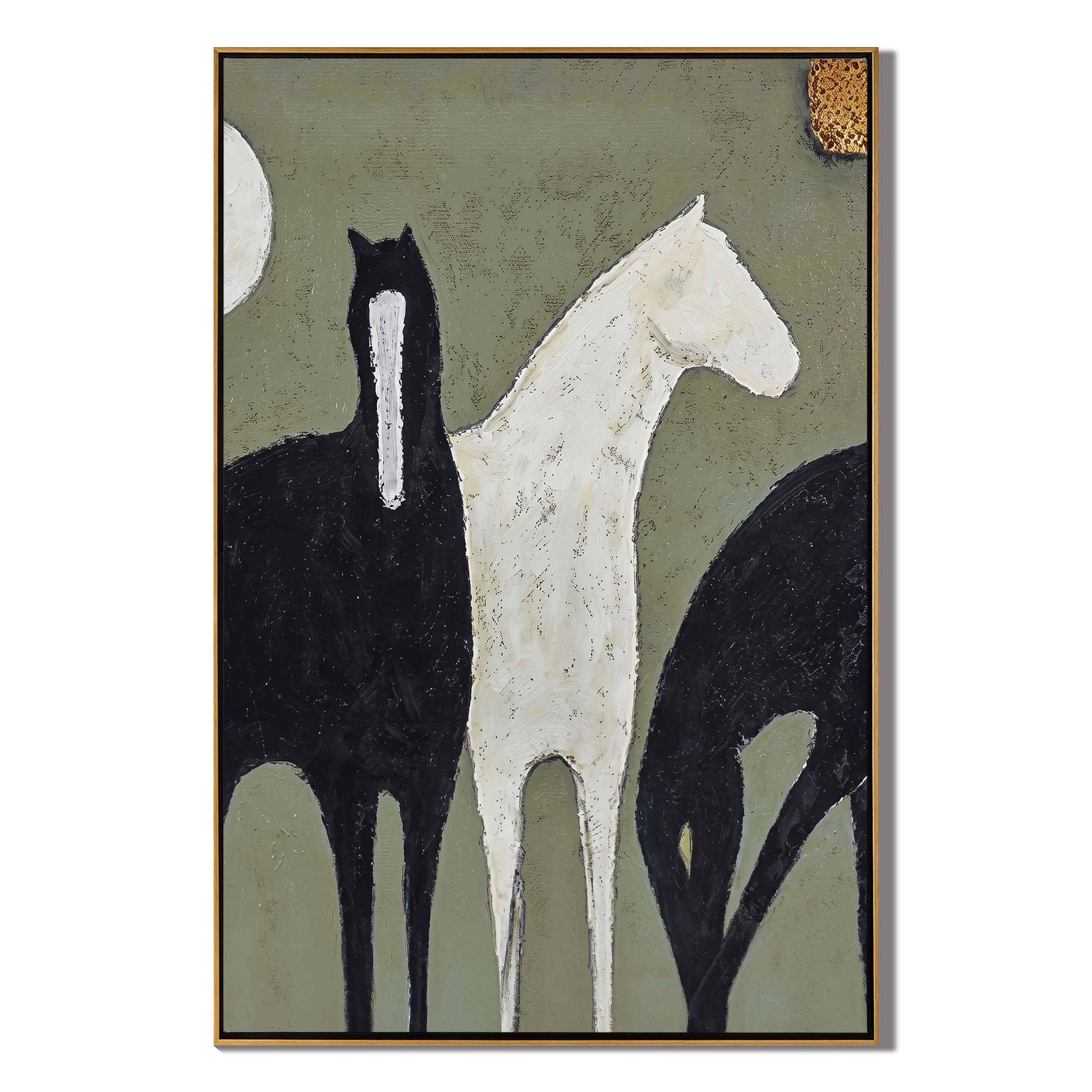 Three Horses Cross Sage — gray and black modern figurative vintage americana art, set of 2 hand-painted canvas art – view 1